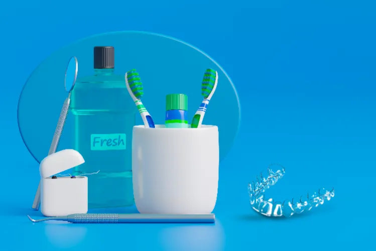 dental hygiene essentials including toothbrushes, toothpaste, dental tools, mouthwash, floss, and a clear aligner