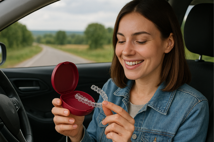 A woman smiles as she travels, pulling her retainers out of their case and looking at them with satisfaction.
