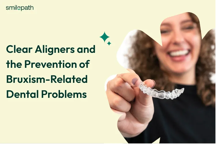 A girl smiling in the background, holding clear aligner in her hand