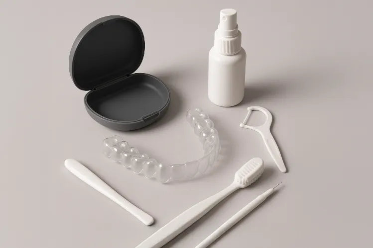 clear aligners with multiple cleaning tools and a storage case placed around it