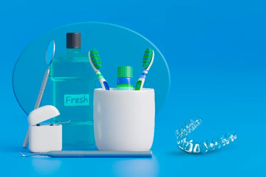dental hygiene essentials including toothbrushes, toothpaste, dental tools, mouthwash, floss, and a clear aligner 
