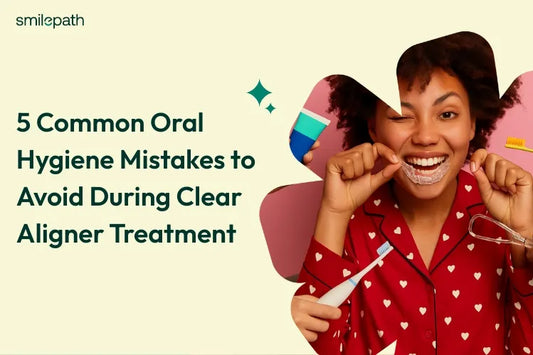 A girl smiling and holding a clear aligner near her mouth, surrounded by multiple hands offering dental tools and toothpaste