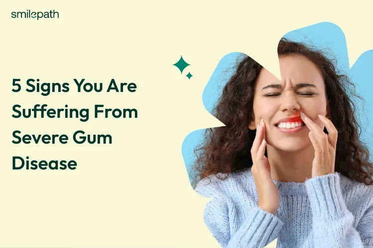 A girl with gum inflammation on colored background