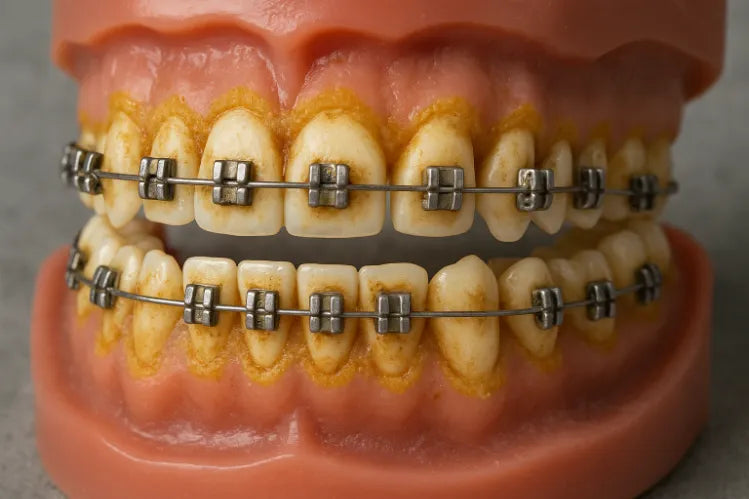 A dental model with braces and plaque build-up