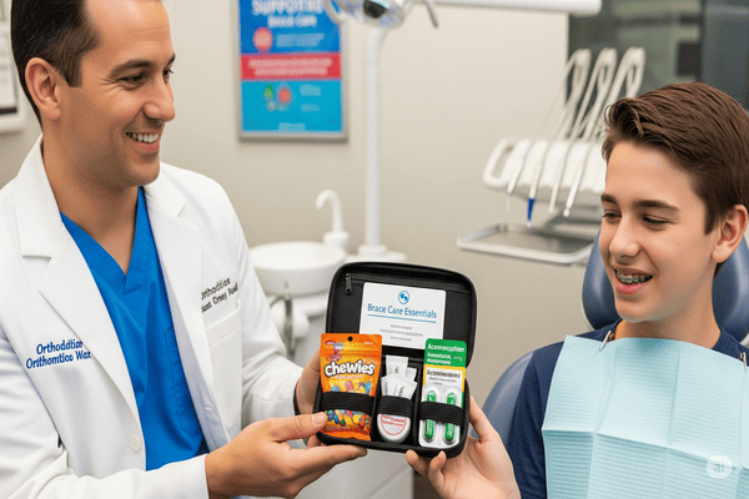 A dentist giving a braces pain relief kit to a patient