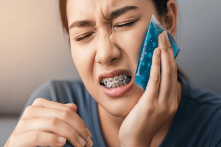 A person holding an ice pack to relieve pain and discomfort after getting braces