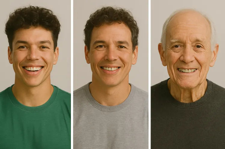 an aging process of a man showing how teeth alignment shifts with age