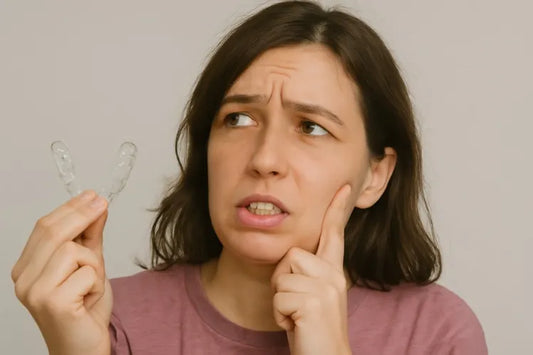 A woman holding clear aligners while making an expression of a thinking