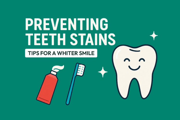 An illustration of shiny toothpaste and a brush with the title preventing teeth stains