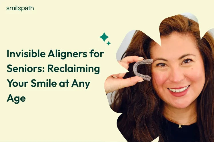 An old woman holding a clear aligner in her hand 