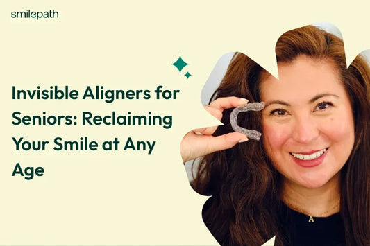 An old woman holding a clear aligner in her hand 