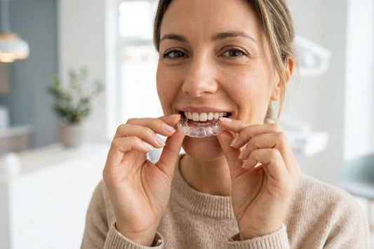 A girl applying clear aligners for affordable teeth straightening.