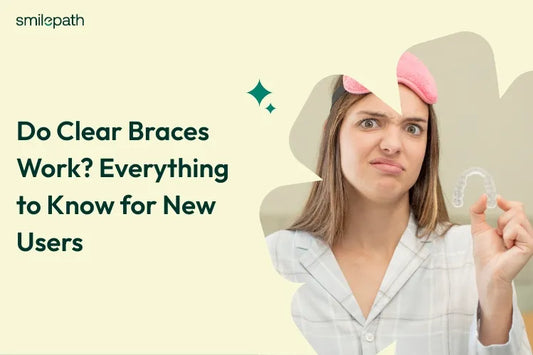A woman holding clear aligners while making a confused face