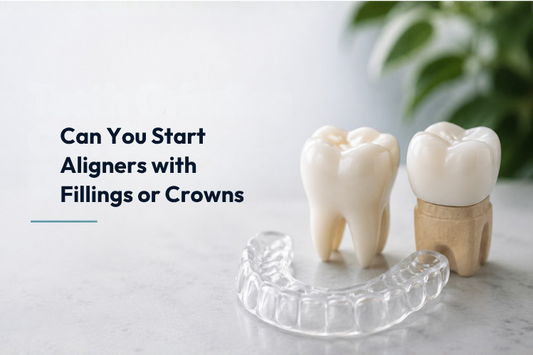Close-up dental-themed image showing teeth models and a clear aligner 