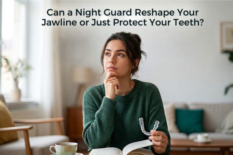 Women thinking whether a night guard reshapes jawline