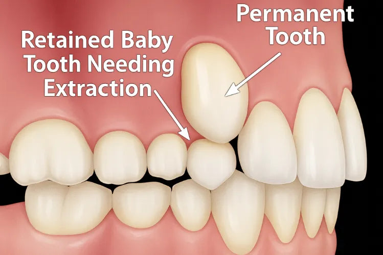 An illustration showing a retained primary tooth and an erupting permanent tooth