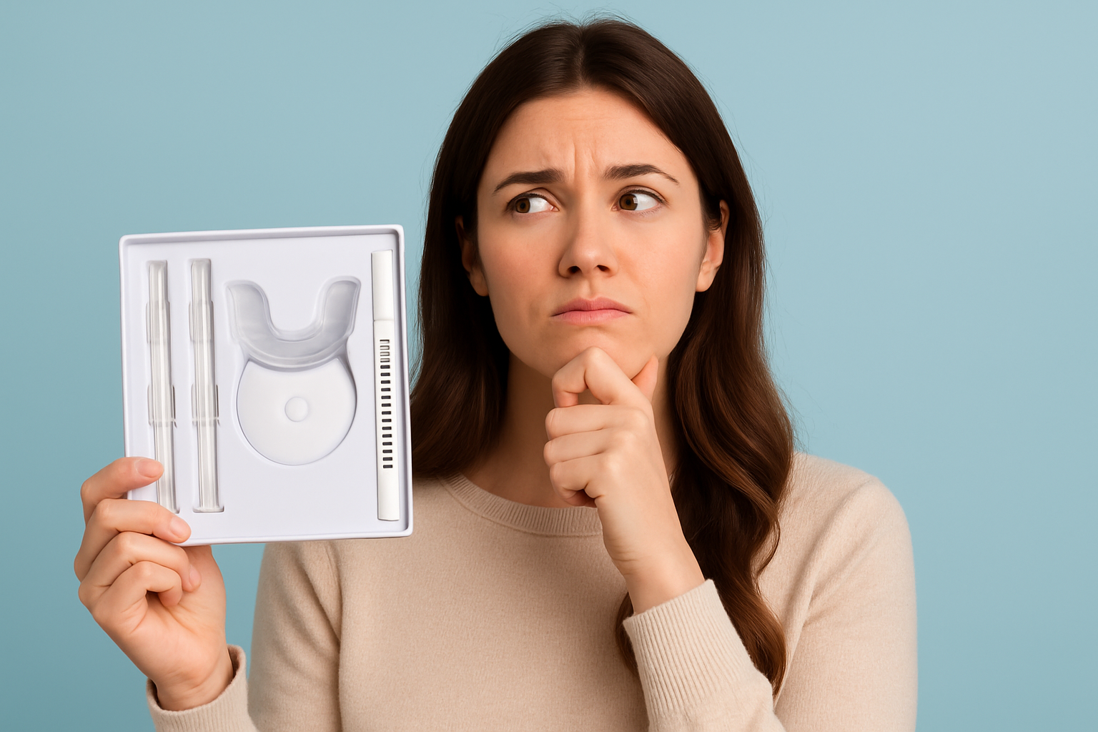 A woman holding a teeth whitening kit while thinking about what works and what doesn't. 