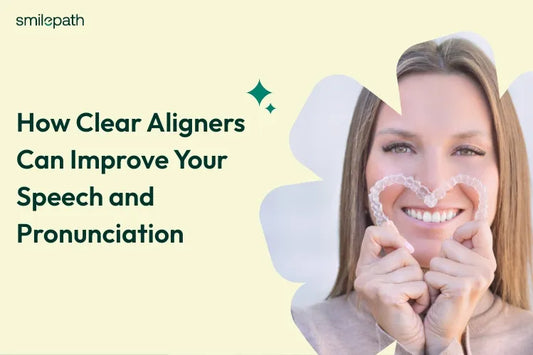 A girl making a heart with clear aligners