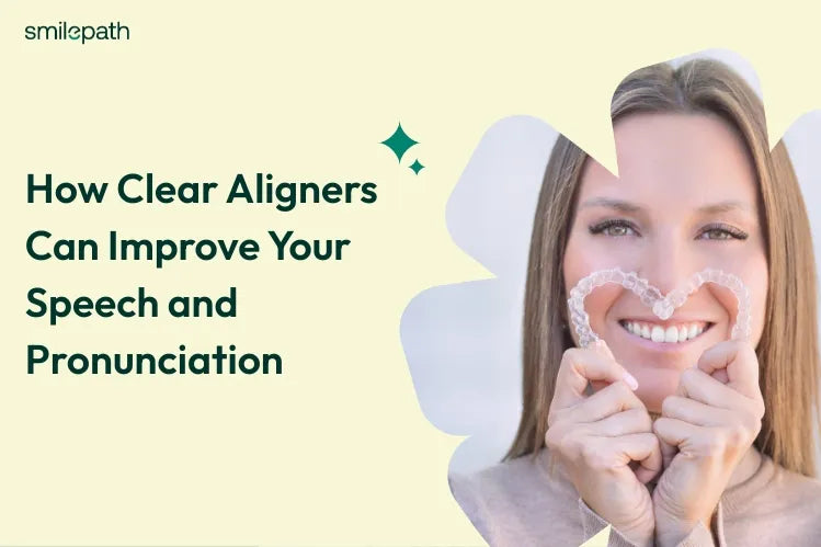 A girl making a heart with clear aligners