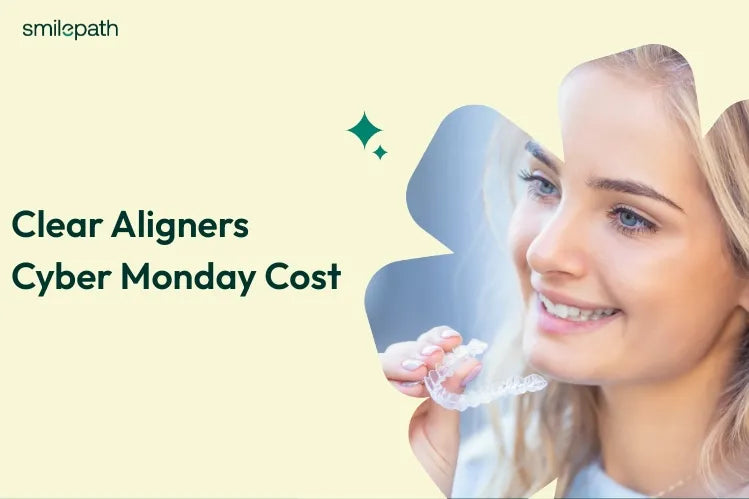 A girl holding one clear aligner in her hand