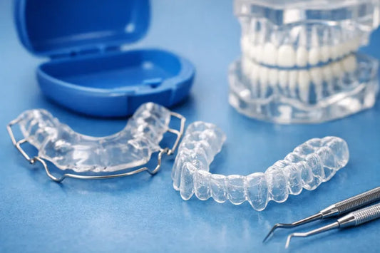 : Different kinds of teeth retainers set on white background