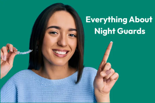 A woman holding night guards and pointing up towards a text that says Everything about night guard