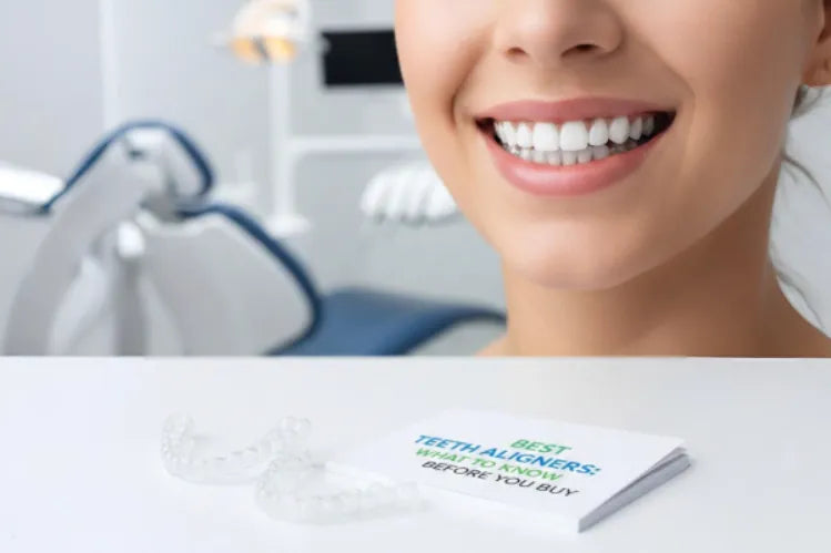 Woman with a clear aligner guide