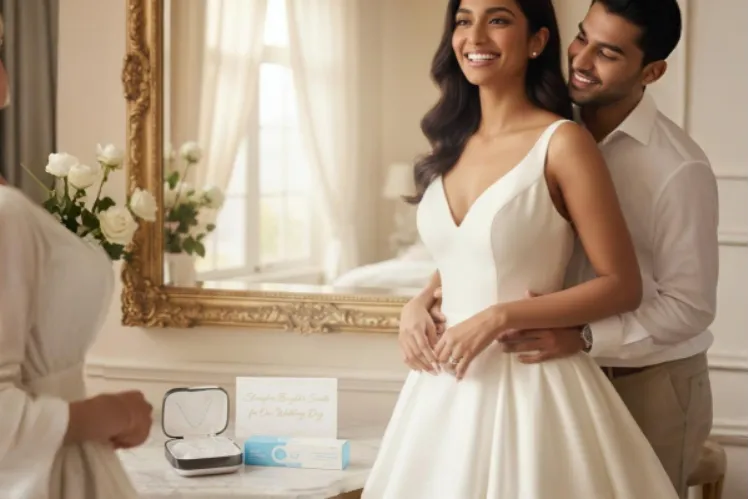 A picture of a bride and groom smiling with aligners on the table 
