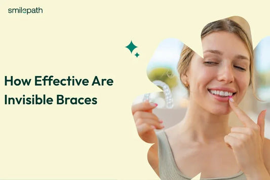 A young woman smiling at the background, holding an invisible braces