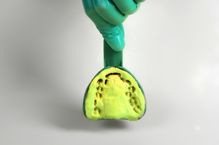 A hand in green gloves holding a dental impression tray filled with yellow impression material.
