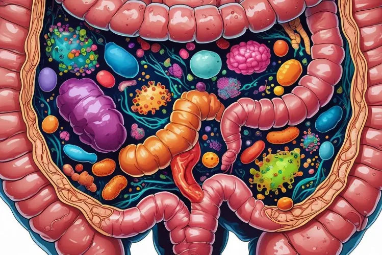 Illustration of the human intestines filled with diverse gut microbiota, showing colorful bacteria and microbes inside the digestive tract