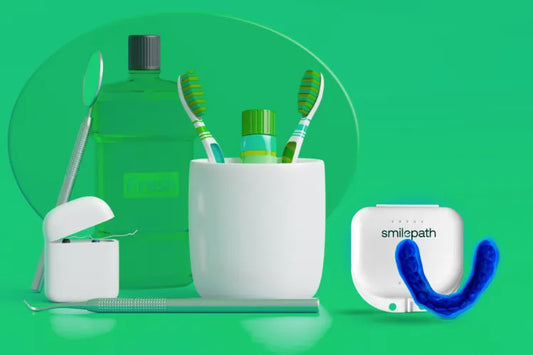 An image shows Smilepath Mouth Guard along with cleaning products