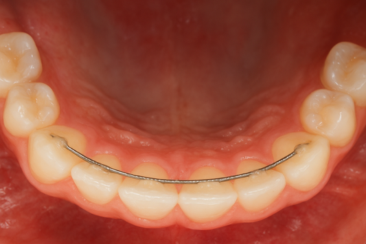 Close-up of permanent retainer on teeth 