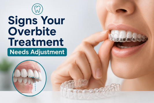 Person wearing clear aligners with an illustration highlighting signs that overbite treatment needs adjustment.