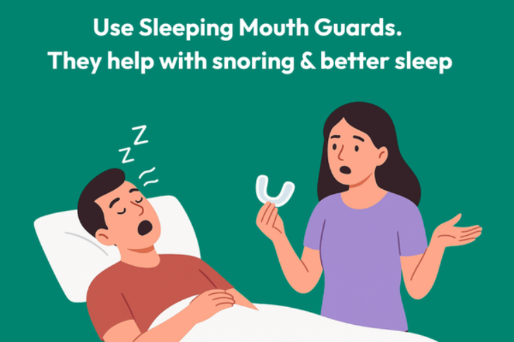 A guy sleeping and snoring, and a girl trying to give him a sleeping mouthguard for better sleep 