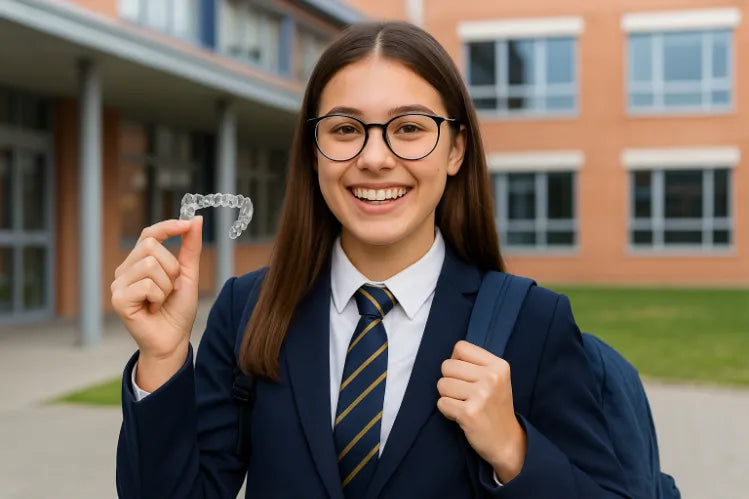 Smiling schoolgirl wearing glasses and a uniform, holding a clear aligner in front of a school building