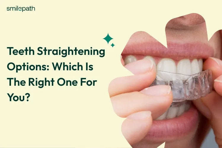 A girl is putting clear aligners for teeth straightening