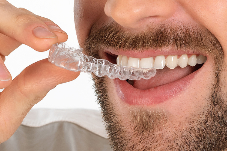 Man wearing a clear night guard for teeth grinding and jaw protection.
