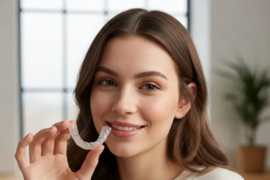 A smiling woman holding a translucent grinding guard