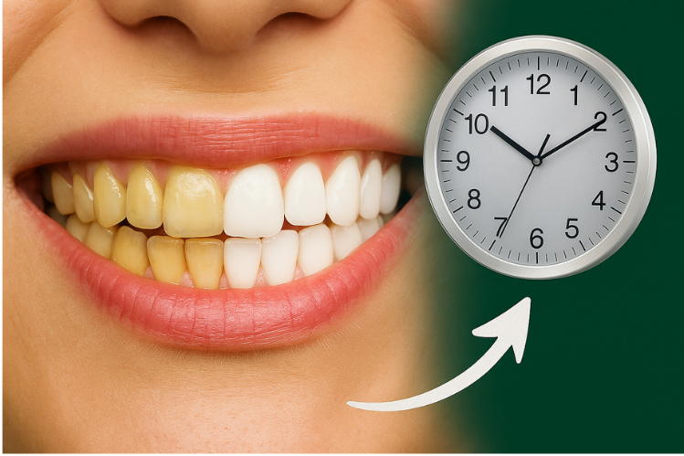 A mouth with half yellow and half whitened teeth, and a clock to symbolize teeth whitening duration.