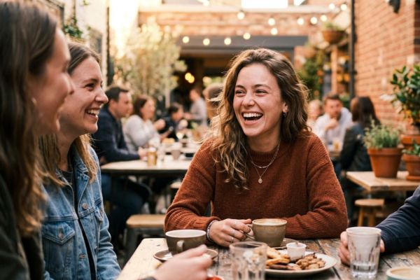 A young woman laughing naturally, with her straight teeth conveying social ease.