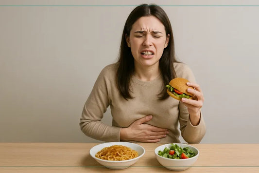 Woman holding her stomach in pain while sitting at a table with a burger, spaghetti, and salad, indicating possible digestive discomfort and difficulty in chewing