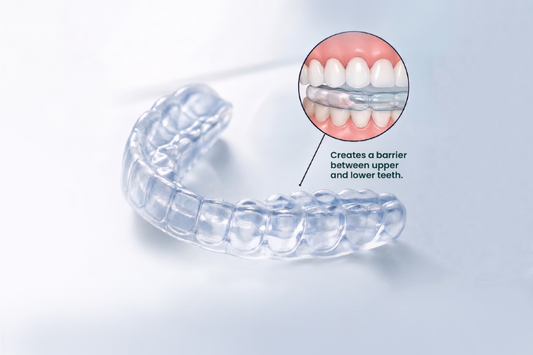 Infographic showing a clear dental bite splint placed over teeth,
