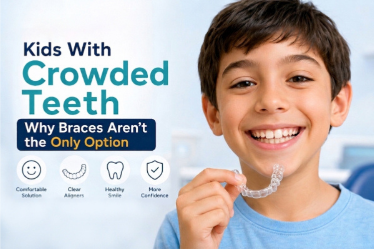 An image shows a boy holding clear aligners to treat crowded teeth