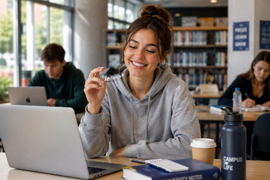 A student holding a clear aligner while sitting in class