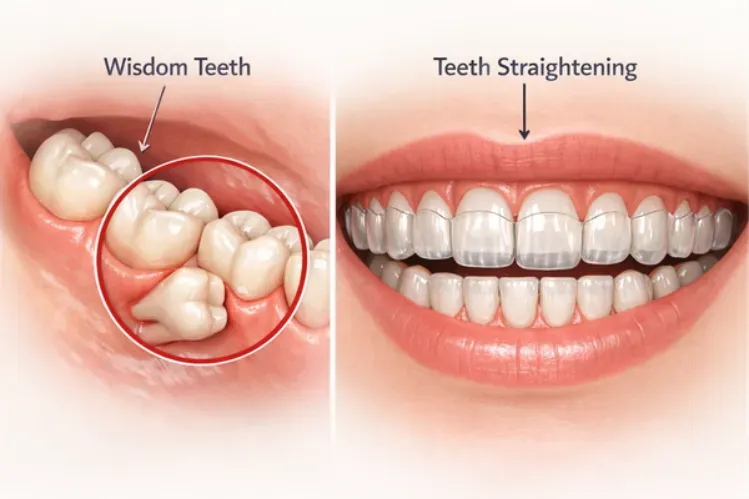 Illustration showing wisdom teeth at the back of the mouth and clear aligners on front teeth.