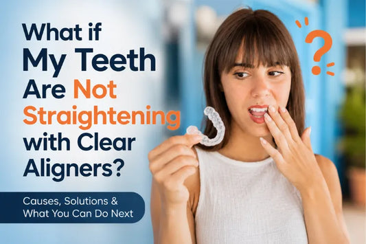 Woman holding clear aligners in confusion
