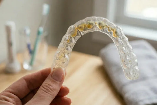  Close-up of a hand holding an old, damaged, and stained retainer with visible buildup.