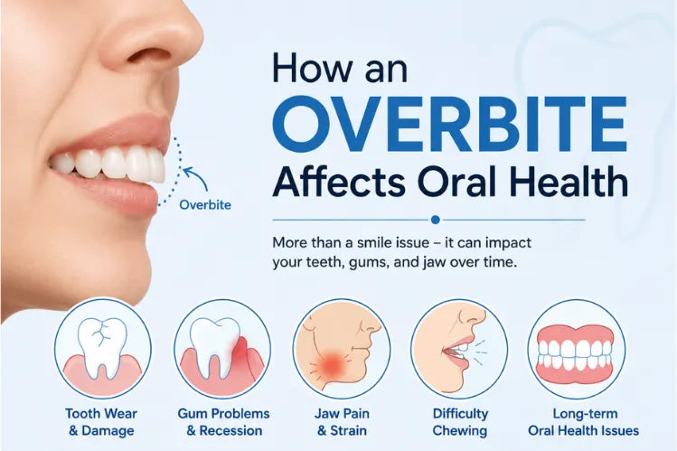 An image shows how an overbite affects oral health