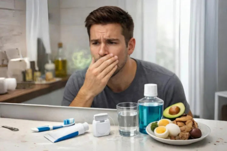 Keto breath and oral health illustration showing dental care routine and ketogenic diet foods